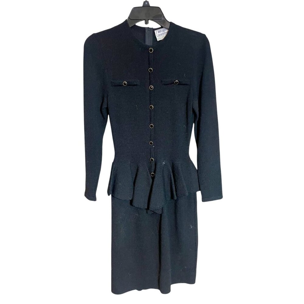 Don Sayres For Wellmore Vintage Peplum Dress Size‎ S Black Wool Long Sleeve USA